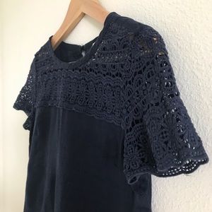 J. CREW Navy Blue Linen Crochet Lace Top